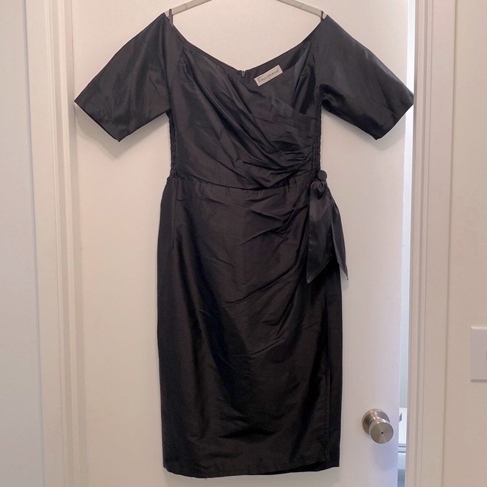 Katya Wildman Midcentury Raw Silk Black Faux-Wrap Midi Sheath, Quarter Sleeves